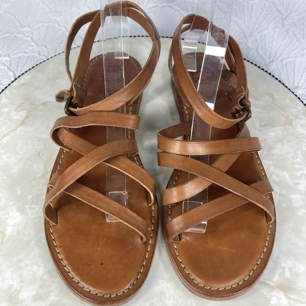 Buttero Leather Strappy Gladiator Sandals Womens 8 Brown Summer Slip On Flat